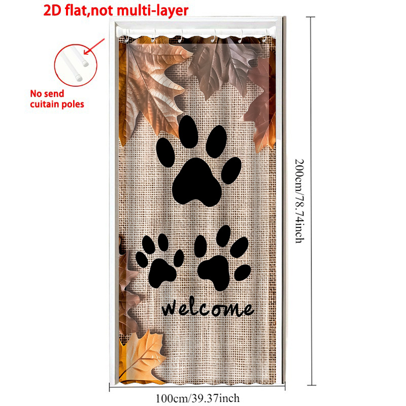 TEMU [2d Door Curtain] 1pc Leaf And Paw Print Door Curtain - Beige/brown/ Rustic Pet-friendly With Hooks, Fabric For Dog Owners, Indoor/outdoor Door