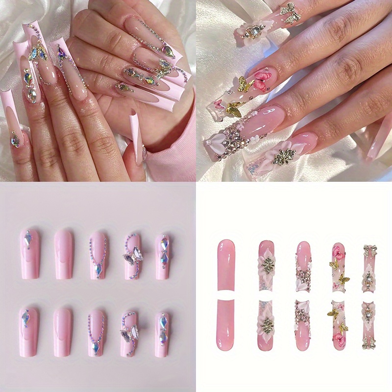 TEMU 48pcs (2 Pack) High Quality Handmade Rectangular Pink French Nail Art, 3d And , Suitable For Women And To Decorate Their Nails
