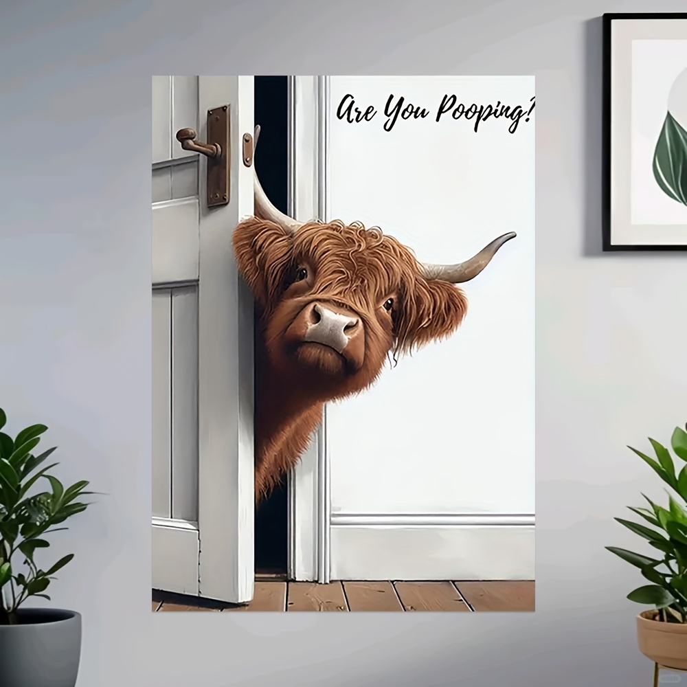 TEMU 2d Flat, 1pc Funny Scottish Highland Cow Wall "are You Pooping?" Wrapped Canvas Suitable For, Bathroom, Living Room Decor - / Humorous Cow