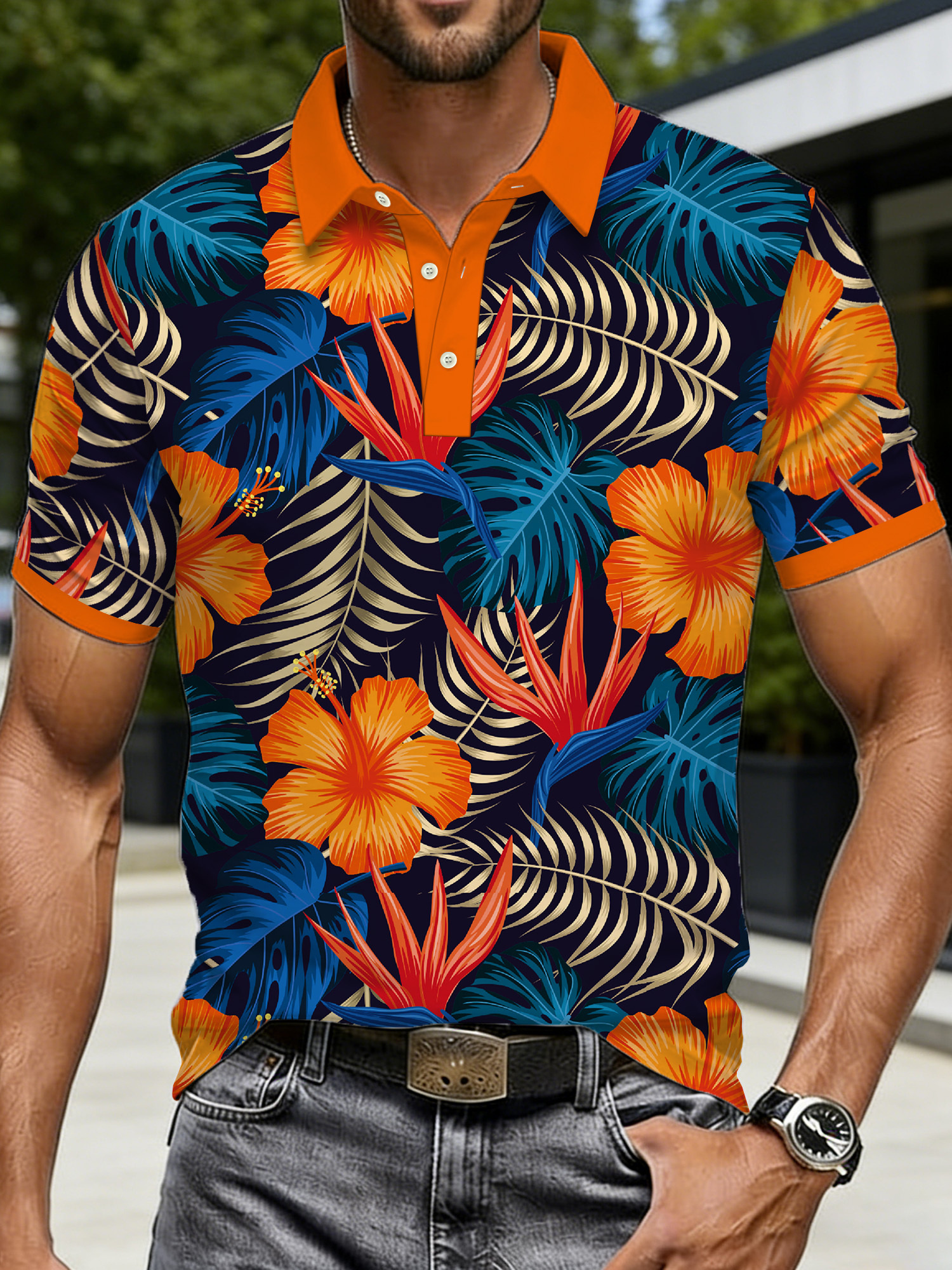t-shirt   pour homme à col   avec imprimé floral tropical hawaïen – design imprimé, pas texturé, style   tendance et  , tissu en polyester  ,  , respirant et non collant, lavable en machine, durable et facile dentretien