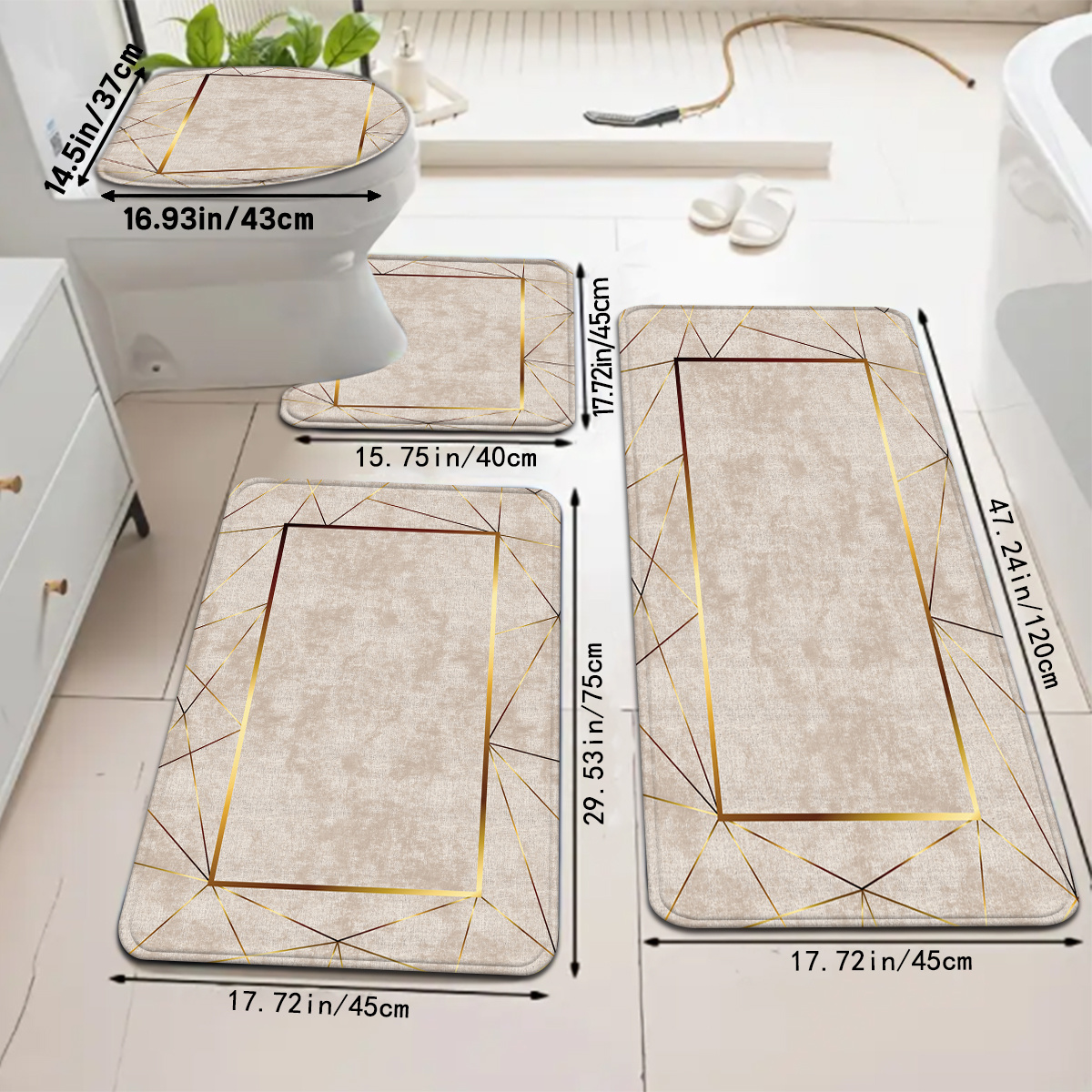 E-shop 4er-Set Beige und Goldene Geometrische Badmatten im minimalistischen modernen Stil, inklusive WC-Sitzbezug und Teppich, für Badezimmerdeko mit