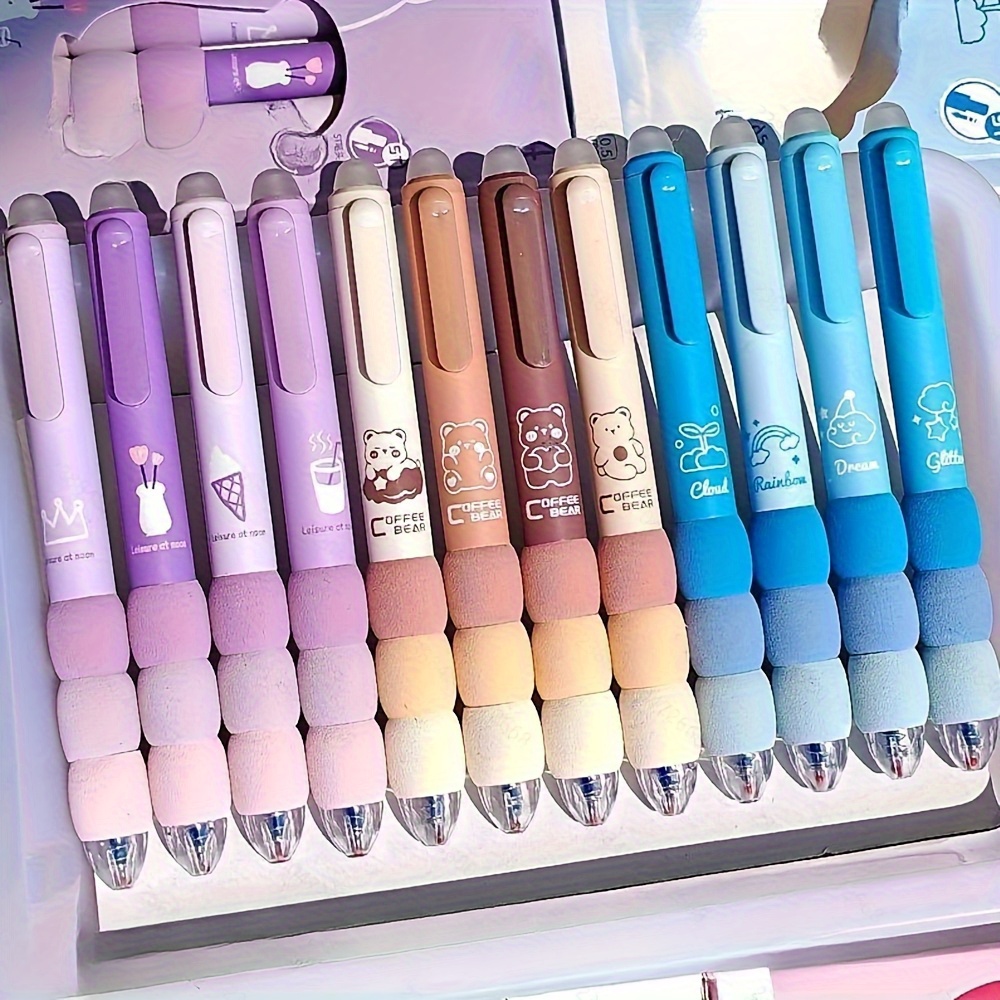 1 set(4pcs) cute cartoon erasable gel pens for writing,   retractable 0.5mm fine point erasable gel pen with black/blue refill, kawaii stationery office supplies and accessories, cute gel pens, fancy pen, needle tip pens, cute pens bulk, school pens, kawaii pens, ink gel pens, office accessories, notetaking pens, fun writing tools, kawaii design, durable refill, smooth ink flow, fine tip pen, creative writers, students Product details 0