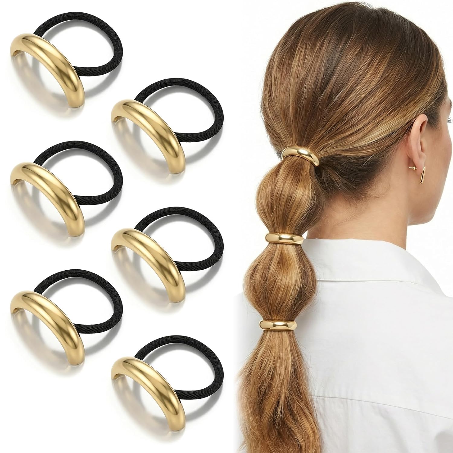 TEMU Lot de 6 manchettes à cheveux dorées, accessoires pour cheveux dorés pour femme, élégants et chics, bijoux élastiques à cheveux en métal,