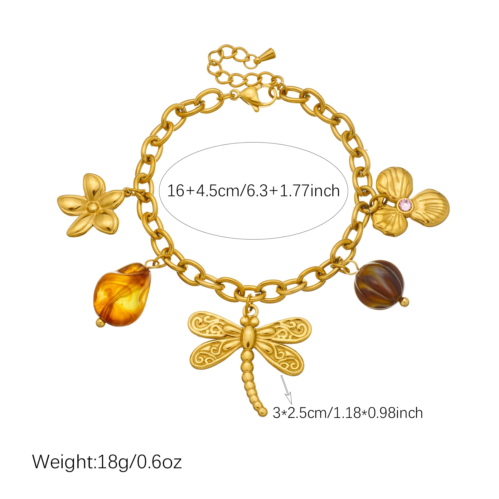 Women's Dragonfly & Flower Pendant Golden Bracelet, Elegant Gift