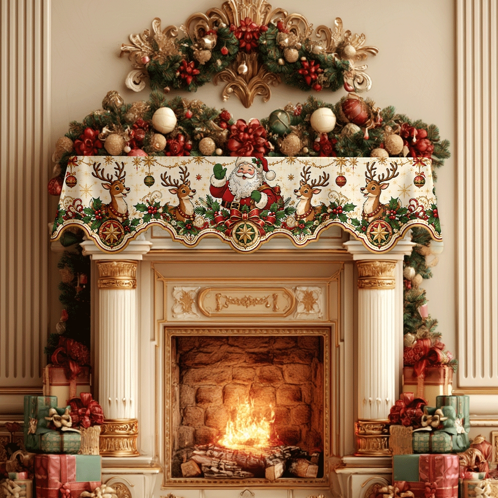 TEMU 1pc Christmas Fireplace Mantel Scarf With Santa Claus & Reindeer - Soft Suitable For Fireplace, Window Door Decor, Festive Mantel Decoration,