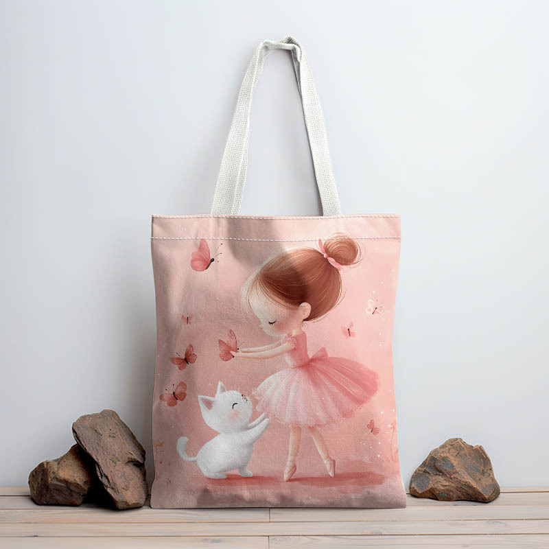 TEMU 1 Ballet Girl And Kitten Pattern Tote Bag, Affordable Fashionable Women's Shoulder Bag, Durable Polyester, -