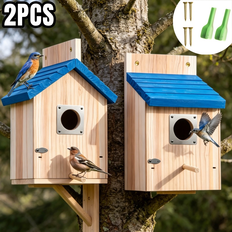 TEMU 2pcs Wooden Bluebird Box Houses, Outdoor Wooden Bird Houses With , Secure Latch, , Air Vents, 1- 1/ 2 Entrance Hole, Perfect For , , , Bird
