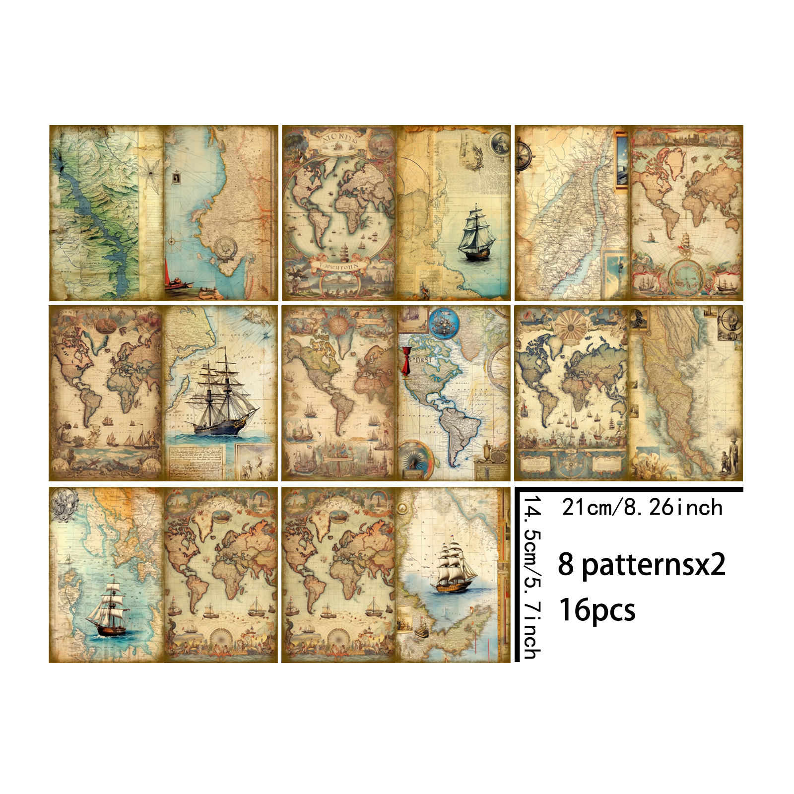 Image of 16 Sheets Of A5 Size World Map Background Materials For Decoration, Diary, Junk Journal, Greeting Cards, Planner, , Background Card Mats