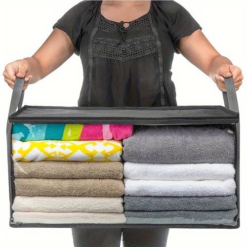 1pc large capacity foldable storage boxes with transparent windows with sturdy handles suitable for organizing wardrobe and household clothing blankets pillows plush toys and blankets lightweight wardrobe storage