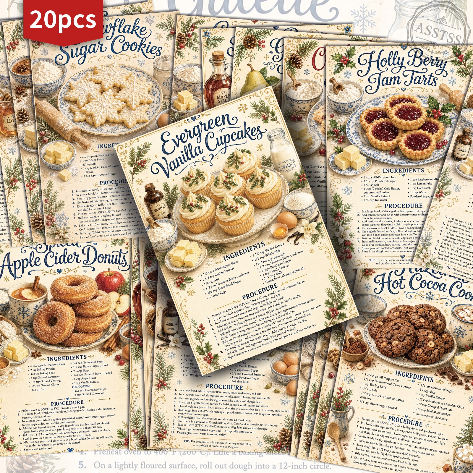 TEMU 20-pack Asstss Vintage Christmas Recipes Postcards - 4x6 Inches Retro Junk Journal Supplies, Classic Pinup Illustrations Collectible Decorative