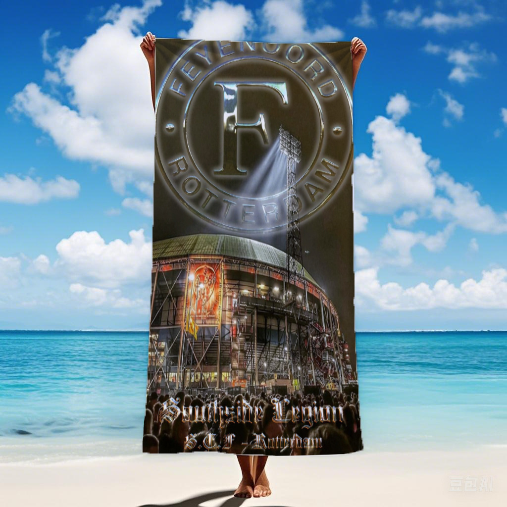 TEMU Rotterdam Beach Towel - , Durable Polyester Blend, Vibrant Soccer Ball & Stadium Design, Machine Washable, Summer Beach & , Beach Accessories
