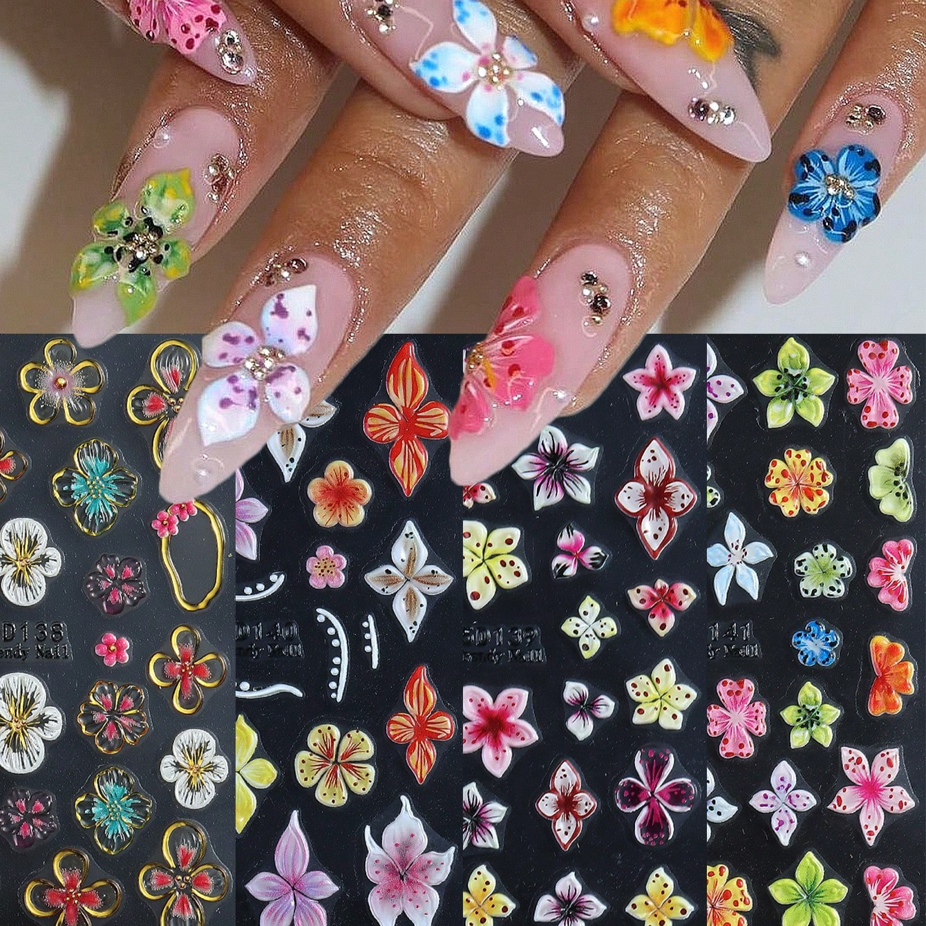 Image of Set Of 4 Self-adhesive 5d Embossed Nail Stickers Featuring Elegant Hibiscus Flowers, Colorful Fairy Petals, And Floral Designs For Y2k Nail Art Decoration