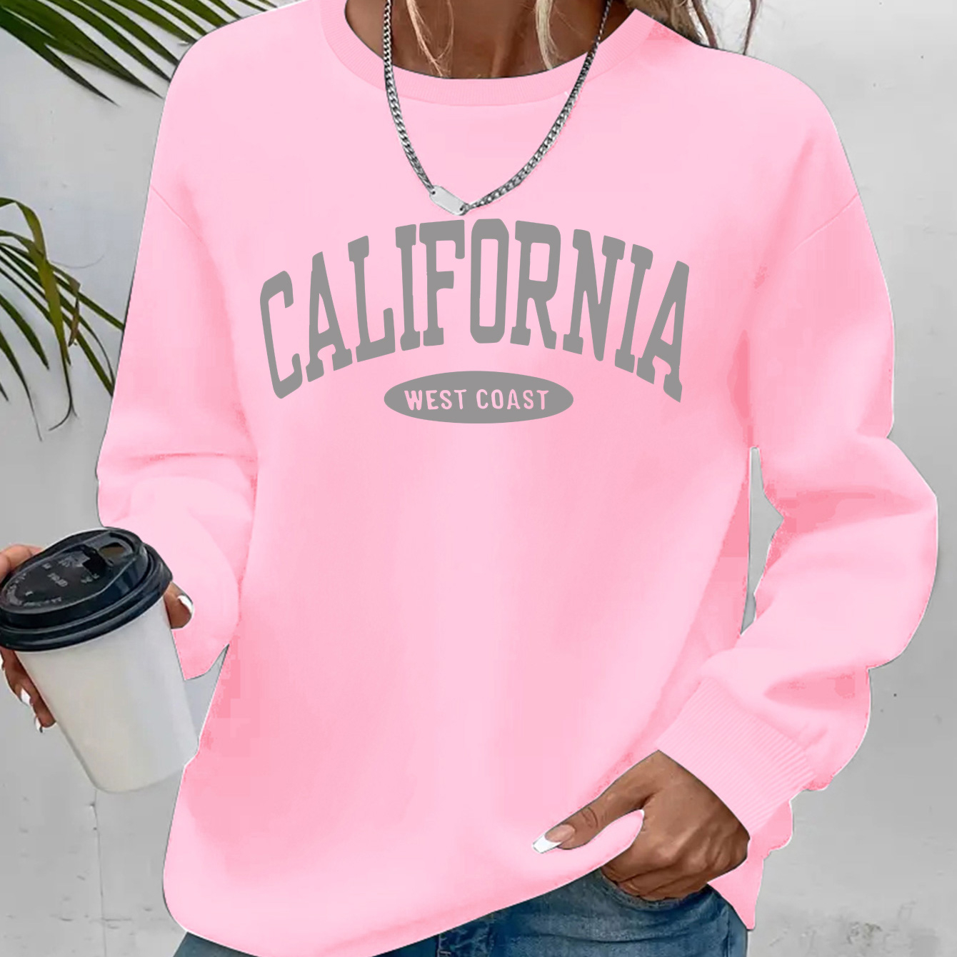 

California West Letters Print Sweatshirt, Autumn And Neck Velvet Casual Sweatshirt, Women's Clothing