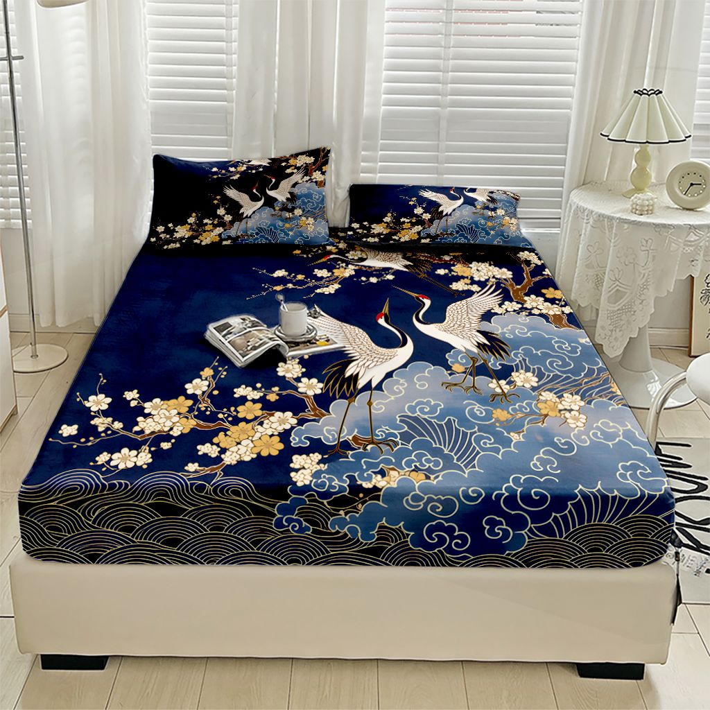 TEMU 1pc Crane Design Printed Fitted Bed Cover, Soft And Cozy Bedding Fitted Sheet, Suitable For Bedroom Or , Featuring Deep Pockets, Fitted Sheet ,