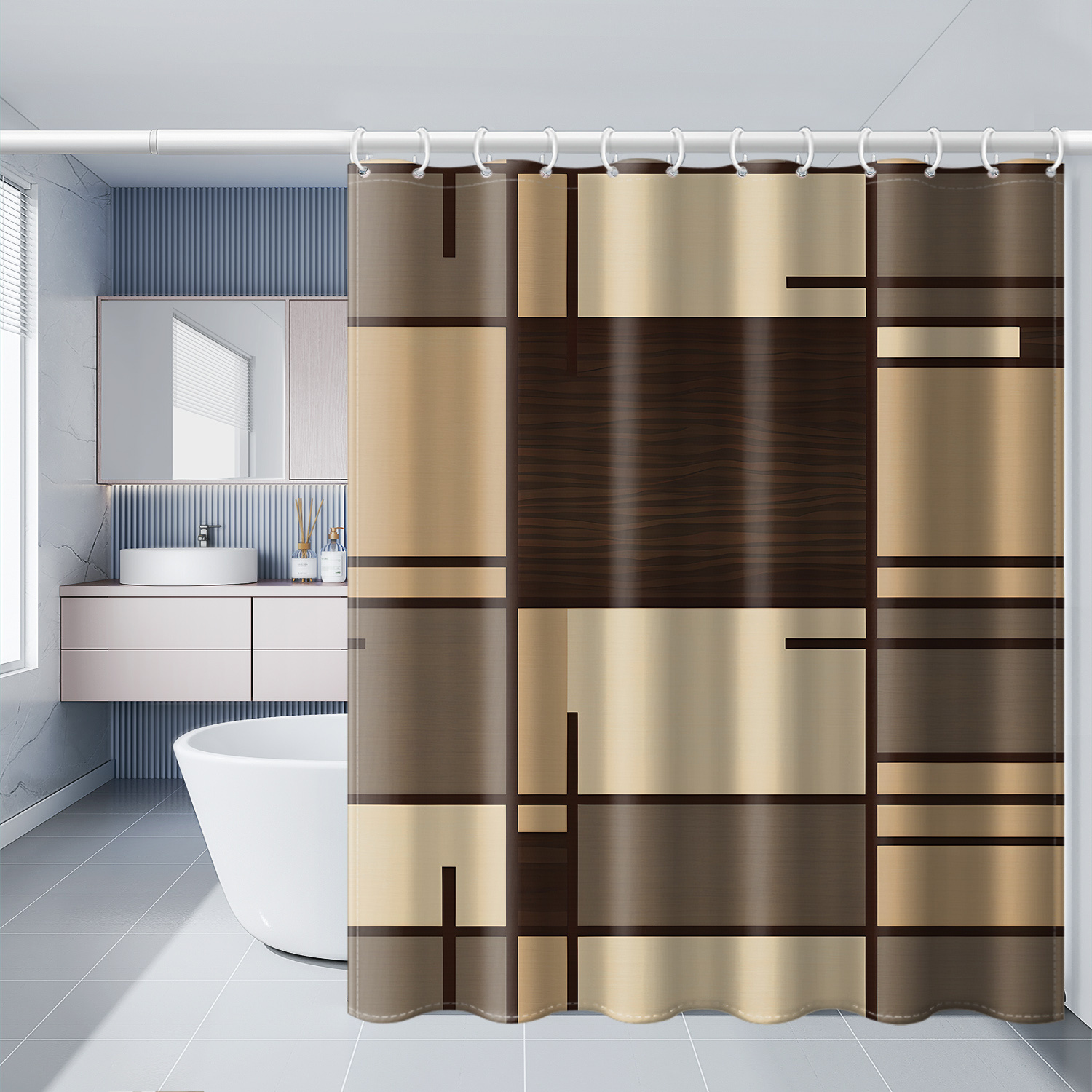 TEMU 1pc Dark Gray And Brown Grid Geometric Printed Shower Curtain, Polyester Fabric With Hooks, Windows And Walls, Bathtub Bathroom Home Decoration