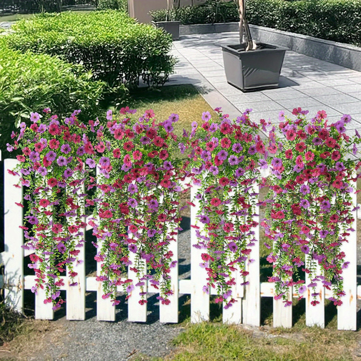 2 ცალი იდეალური გარე დასაკიდი დეკორატიული ყვავილები, ძალიან რეალისტური ხელოვნური ვაზის ყვავილები, გარე ბაღებისთვის, ეზოებისთვის, ვერანდებისთვის, სახლის შიდა დეკორაციისთვის, ქორწილის, ფესტივალის, შობის, მადლიერების დღის, ჰელოუინის დეკორაციისა და საჩუქრებისთვის