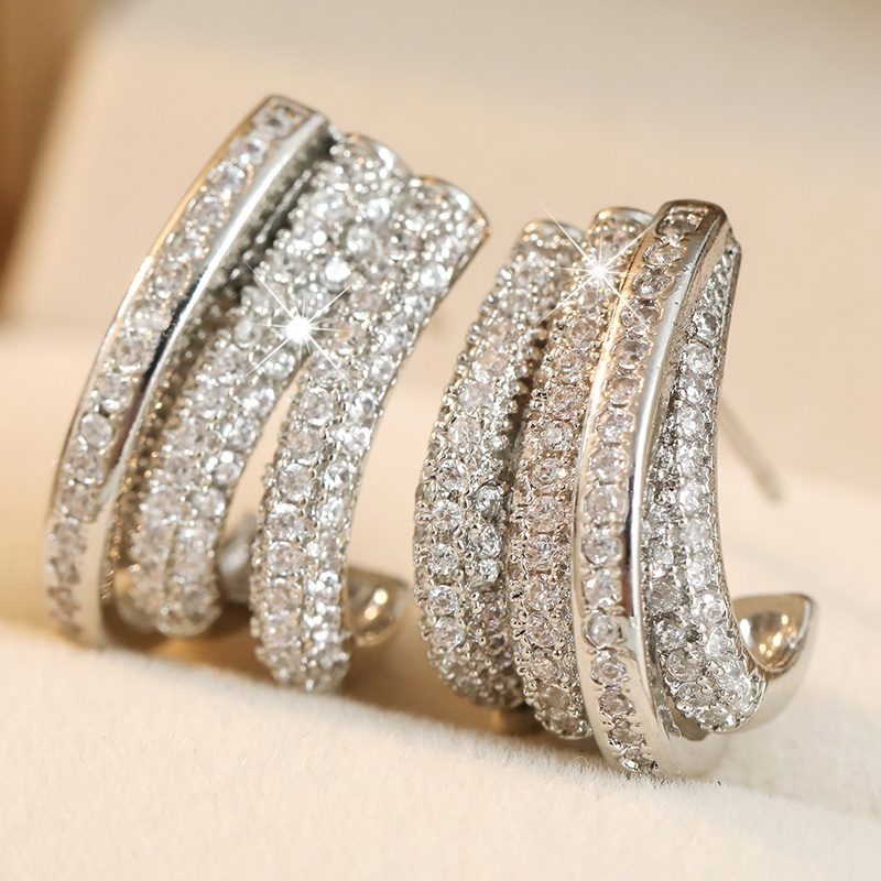 Women's Multi-Layer Curved Synthetic Zirconia Half Hoop Stud Earrings
