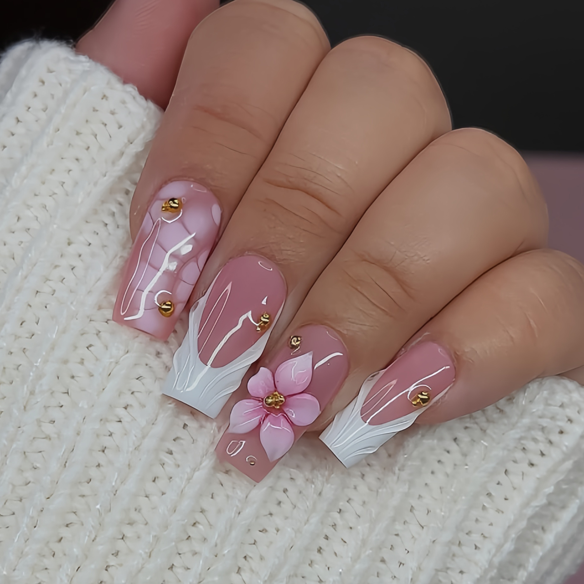 TEMU 24 uñas postizas medianas tipo tubo de agua, diseño francés con flores y de espalda de , uñas postizas brillantes fáciles de aplicar, uñas