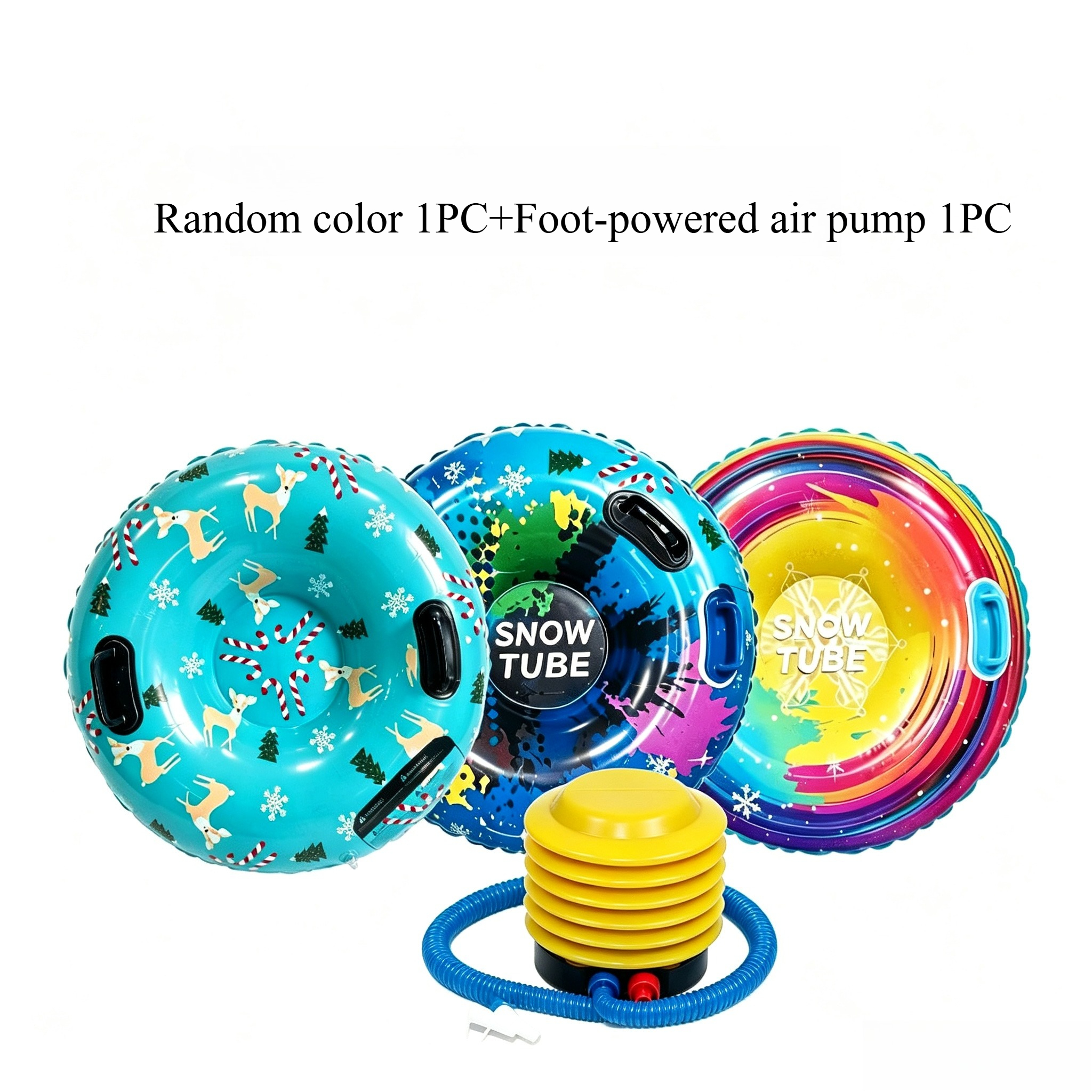TEMU 2er-Set (1 zufällige Farbe und 1 Fußbetriebene Luftpumpe), aufblasbare PVC-Schneemobil mit Doppelgriffen, Winter-Schneemobil in großer Größe für