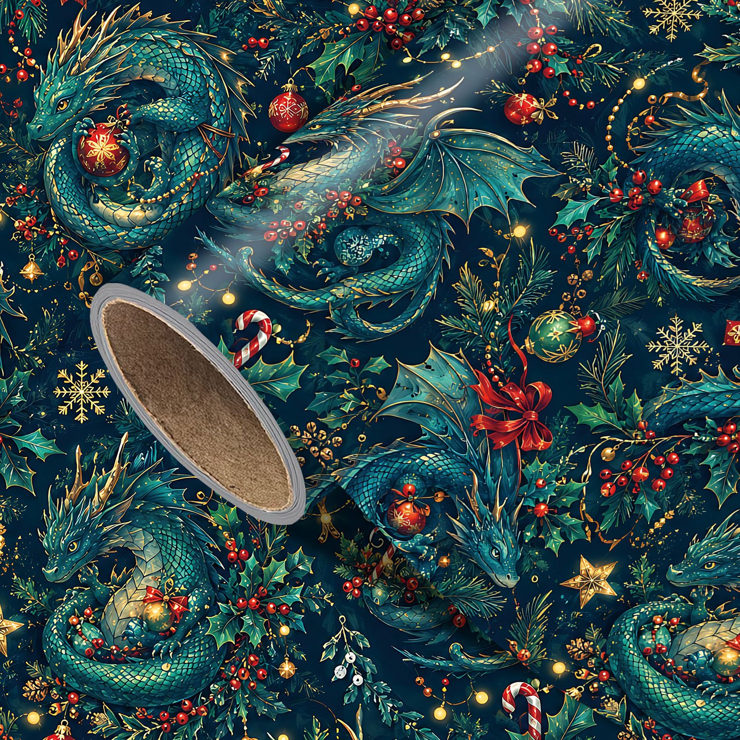 TEMU 1 Rouleau de de Fête de Luxe Vintage avec Dragons Fantaisie Verts, Houx, , Boîtes Cadeaux, Nœuds, Étoiles, Cloches, Bâtons de Noël, de Neige,