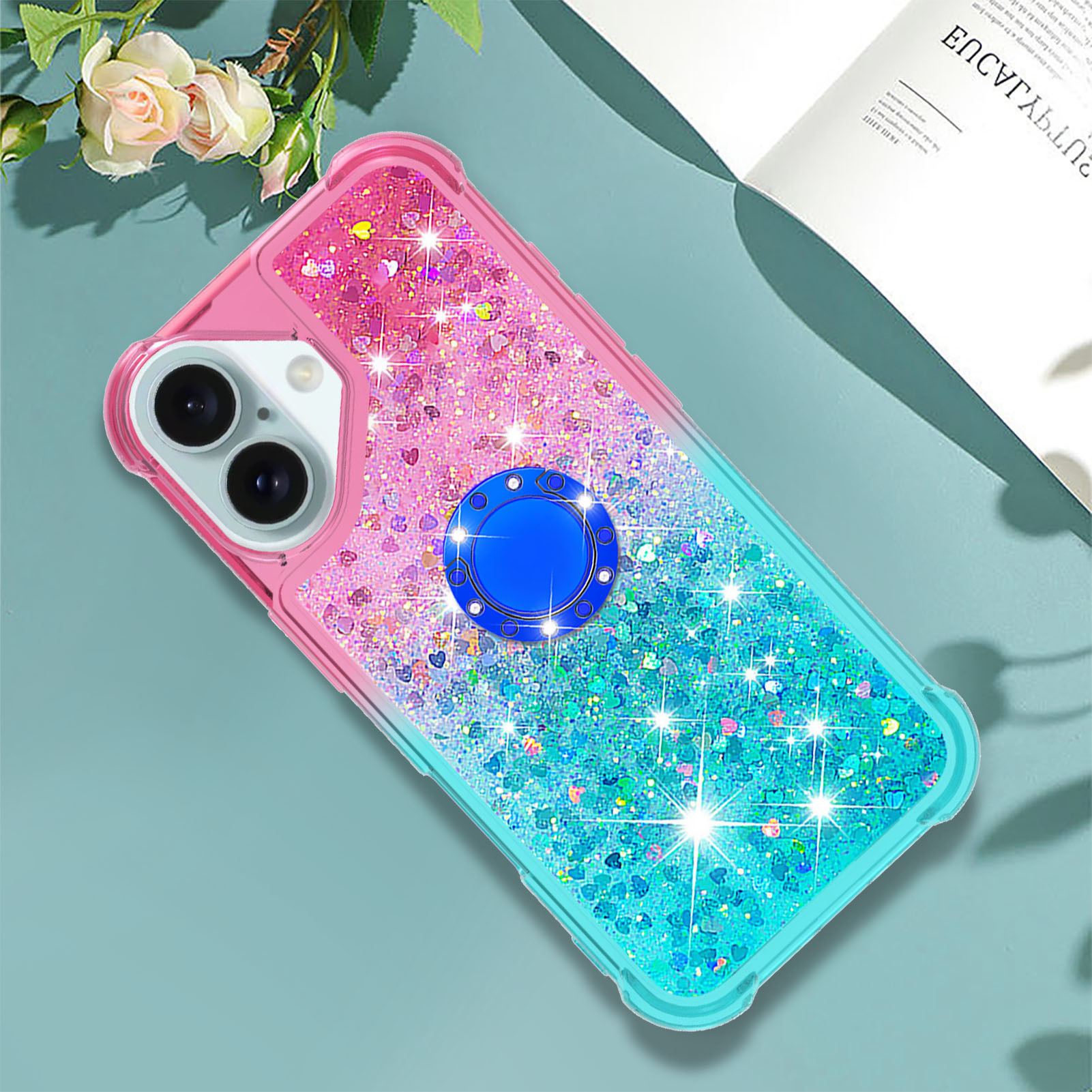 TEMU Gradient Dual-color Quicksand Phone Case With Ring Holder, Rolling Heart Stars, Full-coverage Anti-drop Protection Suitable For 16 Pro Max/16