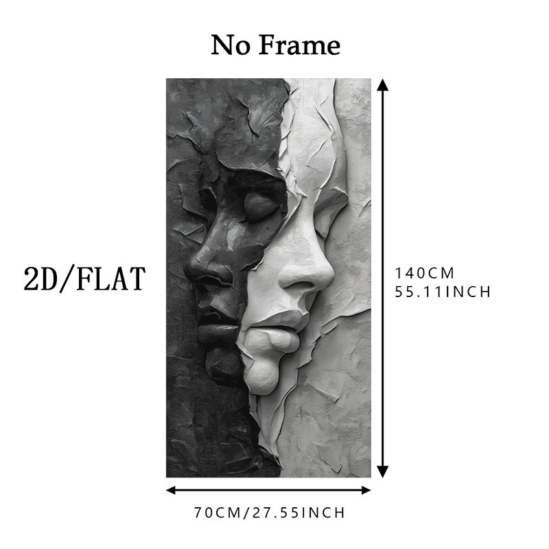 TEMU 2d Flat, 1pc Large Modern Abstract Half-face Portrait Wall Art - Minimalist Black & White Frameless Canvas Painting Suitable For Living Room, -