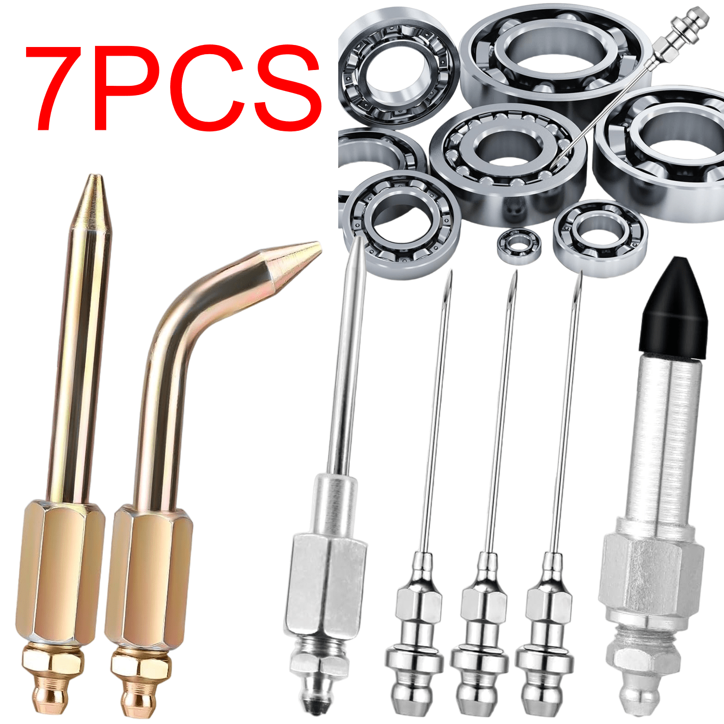 TEMU 7pcs Grease Gun Accessory Set, Including 3pcs Grease Nozzles, 1pc Needle Distributor, Connector, Straight Tube Connector, And Needle Elbow
