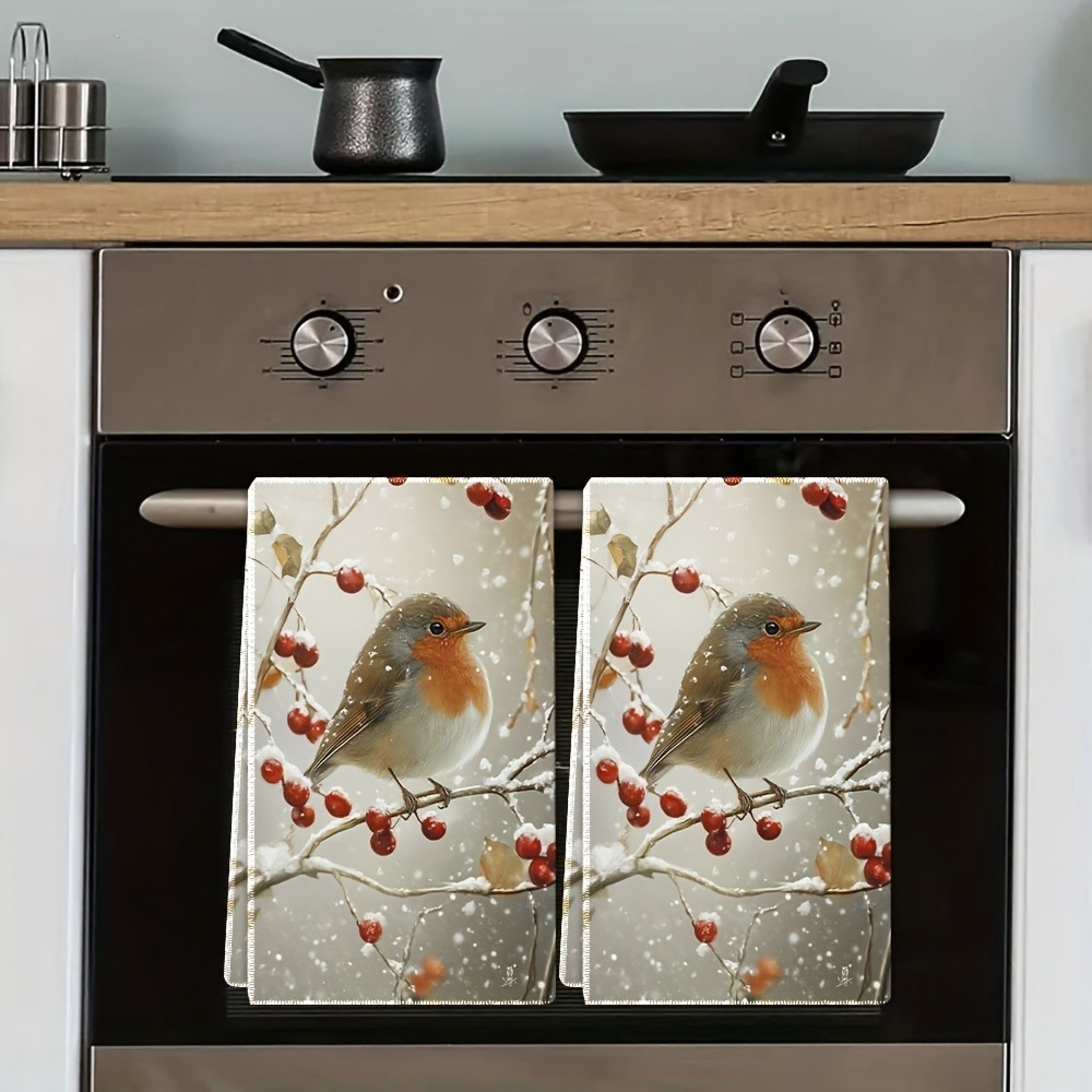 TEMU 2pcs Vintage Christmas Kitchen Towels Machine Washable Fade Resistant Cartoon Design With Snow Branches And Berries Decor Housewarming Gifts And