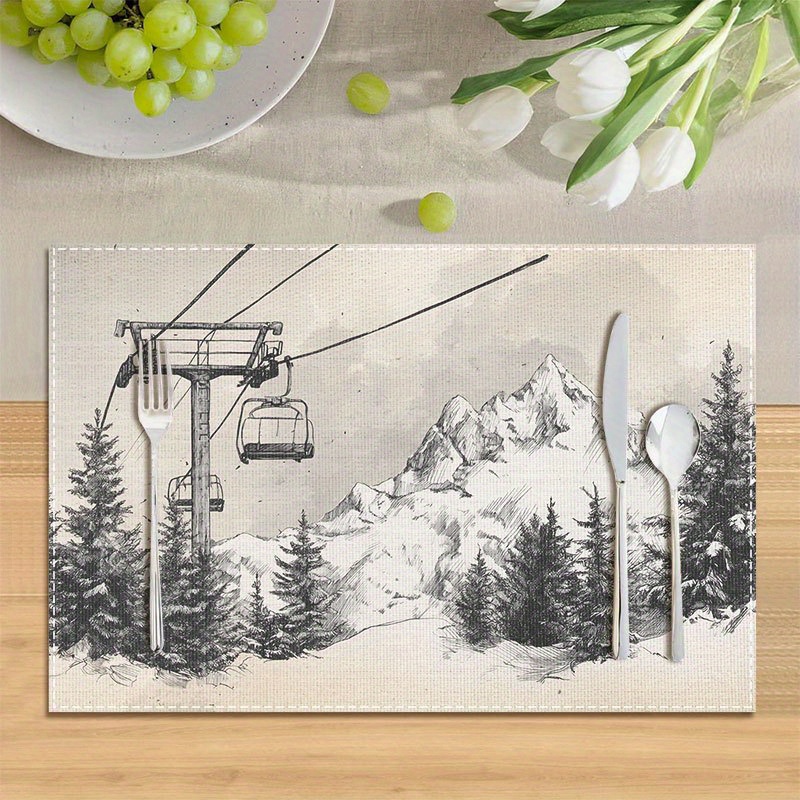 TEMU Set tovagliette con sfondo di seggiovia e montagne innevate, 30,48*45,72 cm, tovagliette lavabili, adatte per feste, decorazioni per la casa,