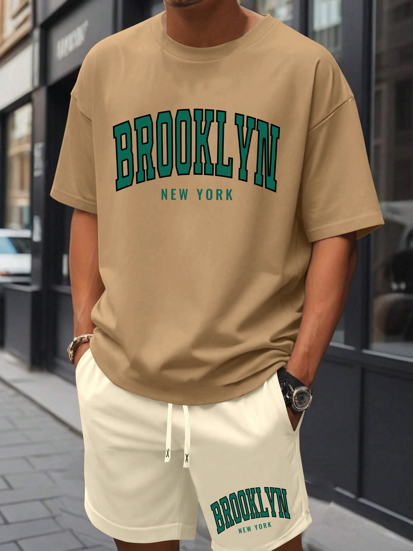 Men'S Brooklyn New York Print Cotton T-Shirt & Shorts Set - Casual Crew Neck, Short Sleeve, Loose Fit, Summer Outfit with Pockets, White with Green Lettering, Beachwear Clothing|Relaxed Fit Shorts|Pocketed Tshir