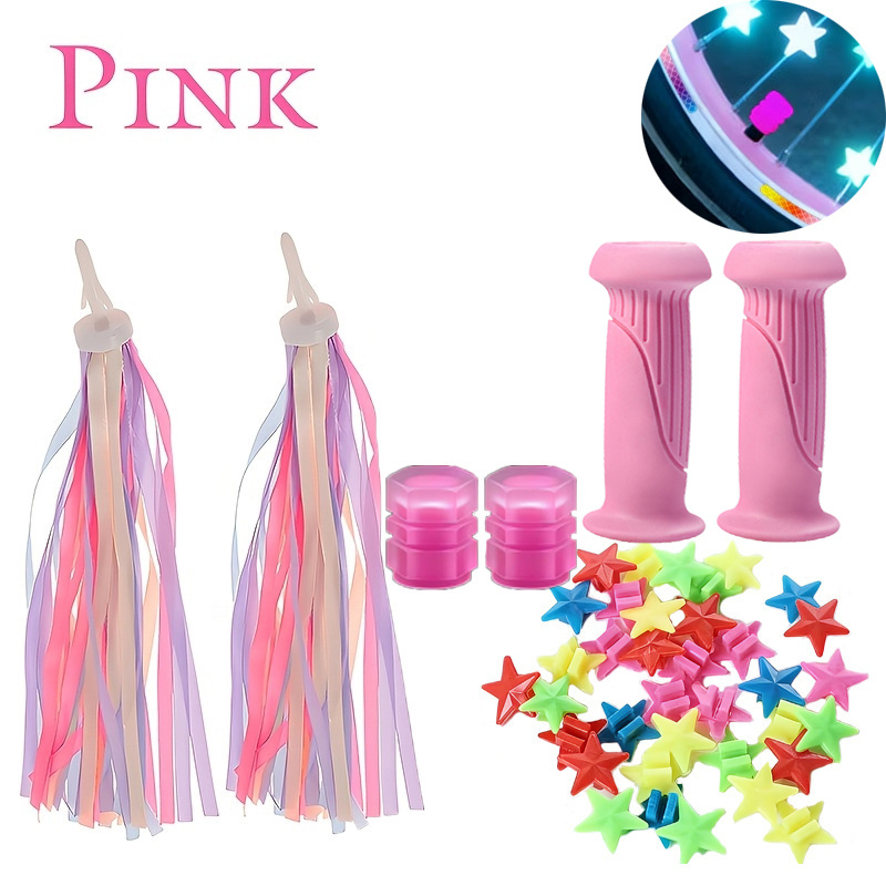TEMU For Bicycle Decorations: 2 Rubber Handlebar Grips For Anti-slip, 2 Colored Ribbons For Bicycles, 2 Valve Caps, 1 Pack Of Spoke Stars, Suitable