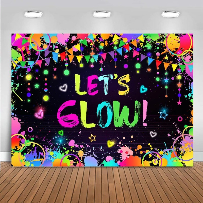 TEMU 2d Flat 1pc Party Theme Photography Backdrop, Black Background With Neon Paint Splatter, " Glow!" Lettering , Overall Style Vibrant And , ,