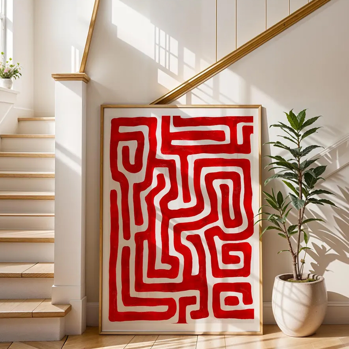 TEMU Frameless Cherry Red Maze Wall Art - Maximalist Solid Color Retro Poster, Modern Minimalist Canvas Painting Suitable For Living Room, -