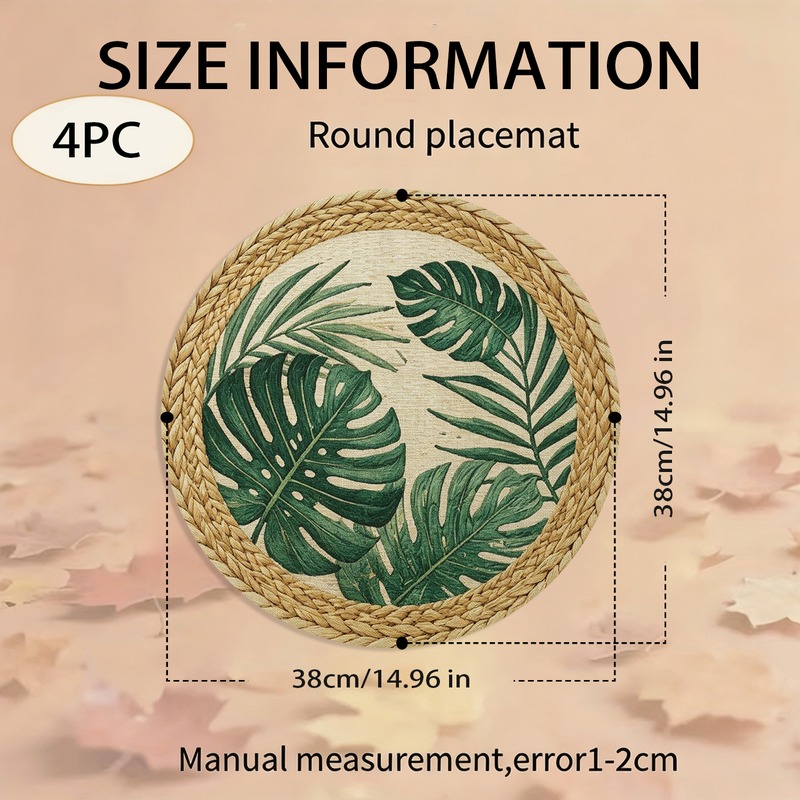 TEMU Printed Design – Not Textured, Two-dimensional Flat Round Placemats, Set Of 4, Tropical Leaf Pattern, Green, Multi-scene Use, Washable, Durable