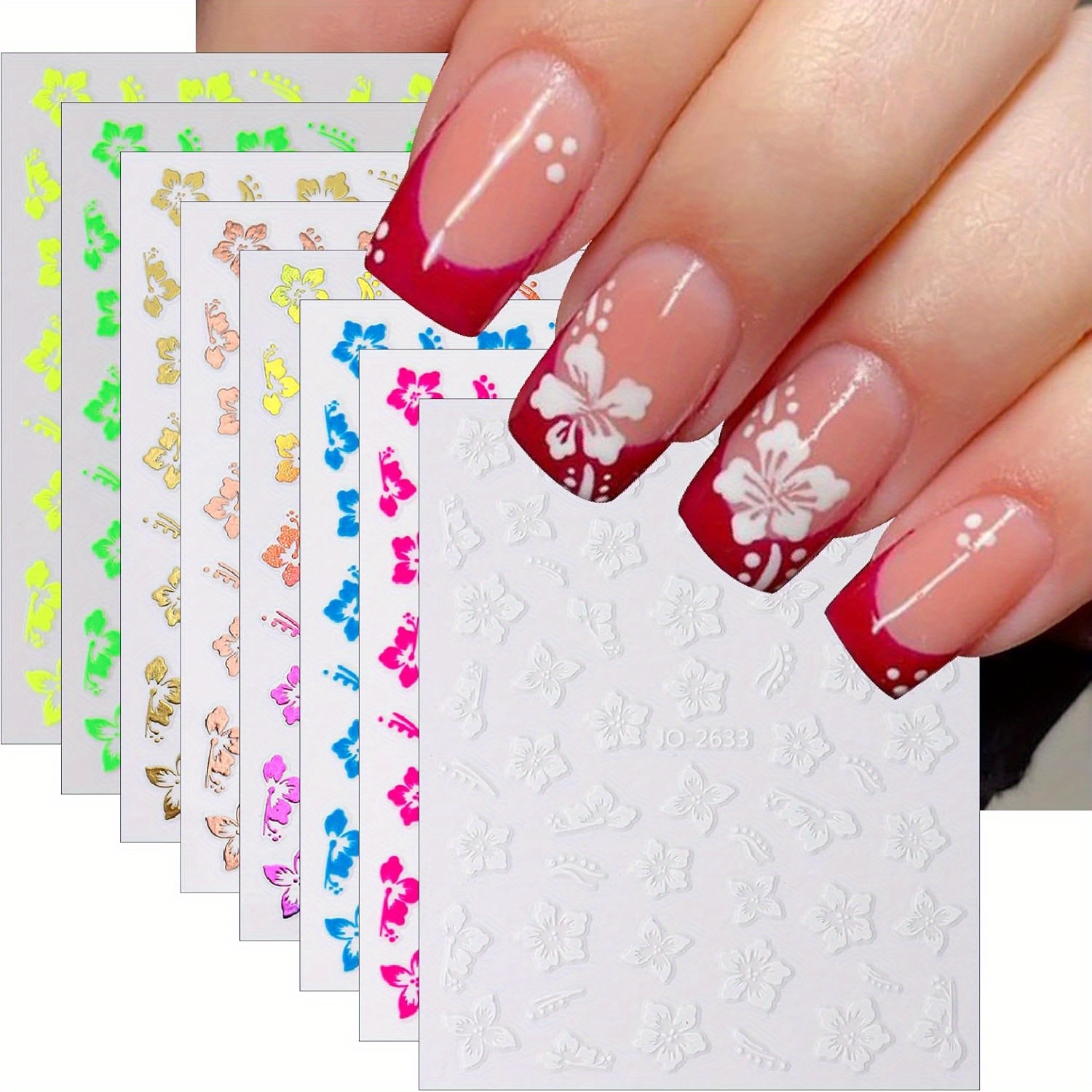 Image of 8 Sheets Color Flower Nail Stickers 3d Hollow Out Hibiscus Nail Decals White Floral Designs Summer Cute Flowers Decals For Women Diy Manicure Decoration Accessories