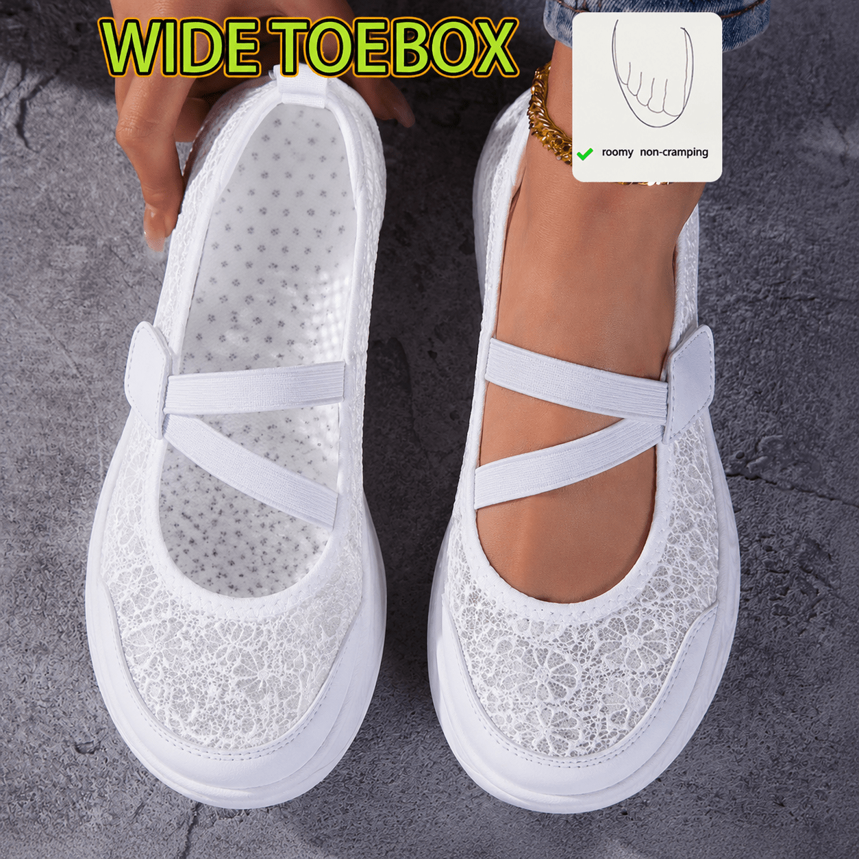 Image of Women's Wide Toe Box Mesh Casual Shoes, Featuring Breathable Lace Mesh Upper, Stretch Cross Strap Closure, And Grippy Flat Sole. Perfect For Daily Commutes, Shopping Trips, Light And Long
