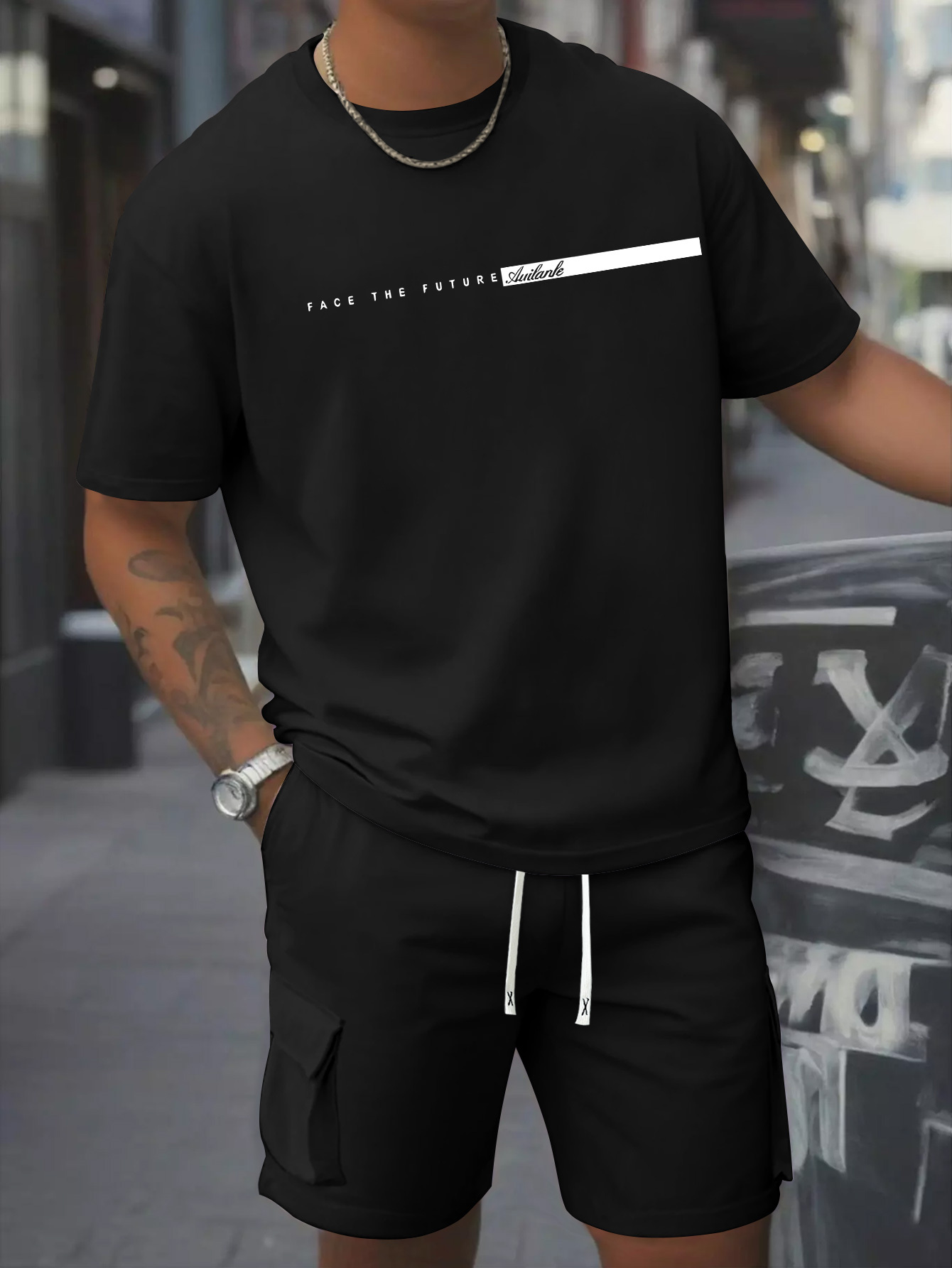 Print Men'S 2pcs Set, Round Neck Pure Cotton Short Sleeve T-shirt and Work Shorts Set, Suitable for Spring and Summer Exercises