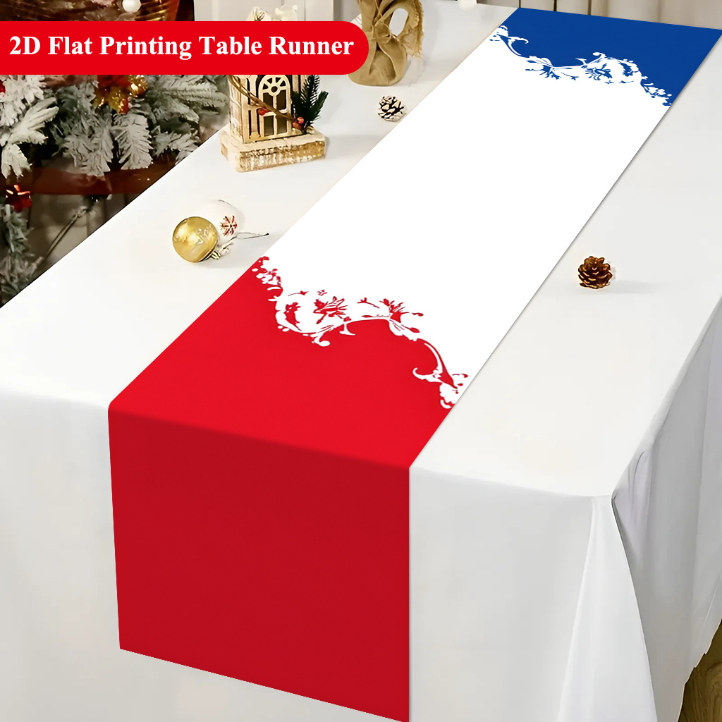 TEMU Chemin de table plat 2D, 1 pièce, motif floral rouge, blanc et bleu en , nappe de table pour fête d'année, chemin de table en tissu pour