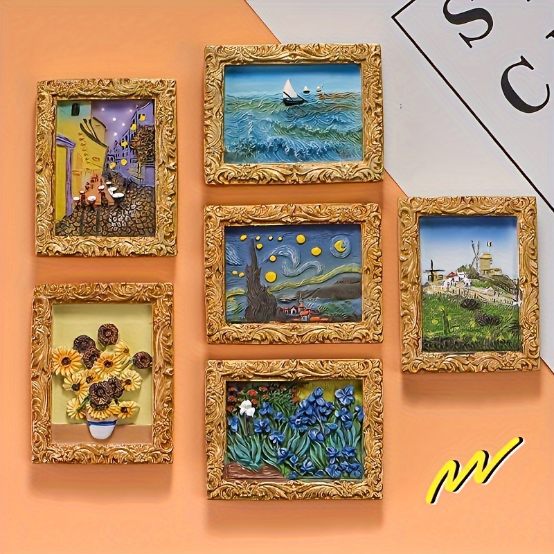TEMU Ensemble de 6 aimants de réfrigérateur 2D plats, inspirés de Van Gogh - Nuit étoilée et tournesols, design , décoration de cuisine mignonne, art