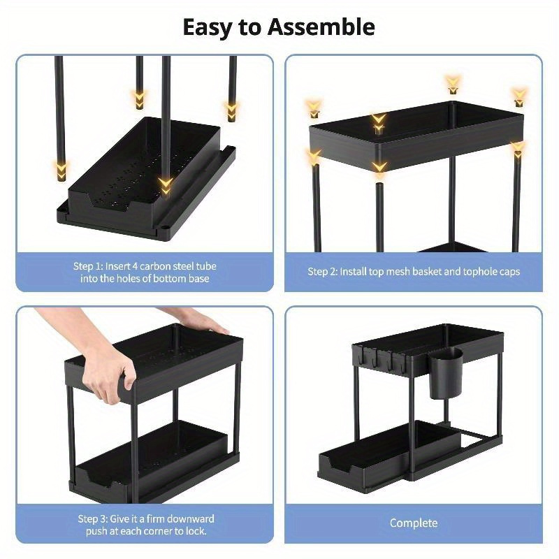 2-Tier Sliding Under Sink Organizer with Metal Frame - Black/White Plastic Storage Basket for Kitchen Spices, Cosmetics & Accessories, Multi-Purpose Bathroom Cabinet Drawer Shelf, Kitchen Organizer | Sleek Storage Solution | Durable Plastic Basket, Under Sink Organizers And Storage