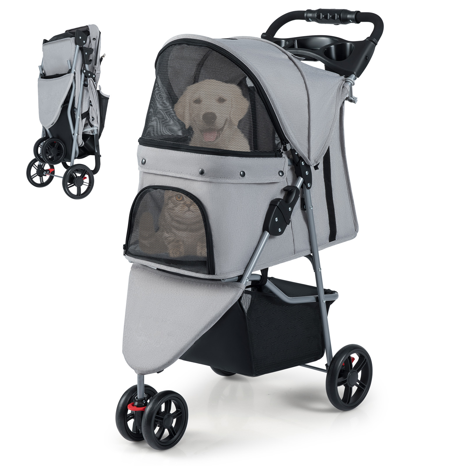 Foldable Pet Stroller | Adjustable Cat Strolling Cart With Adjustable Canopy, 3 Shock-absorbing Wheels, , Storage Basket, Cup Holder | Material: Polyester & Iron, Brand: Goflame