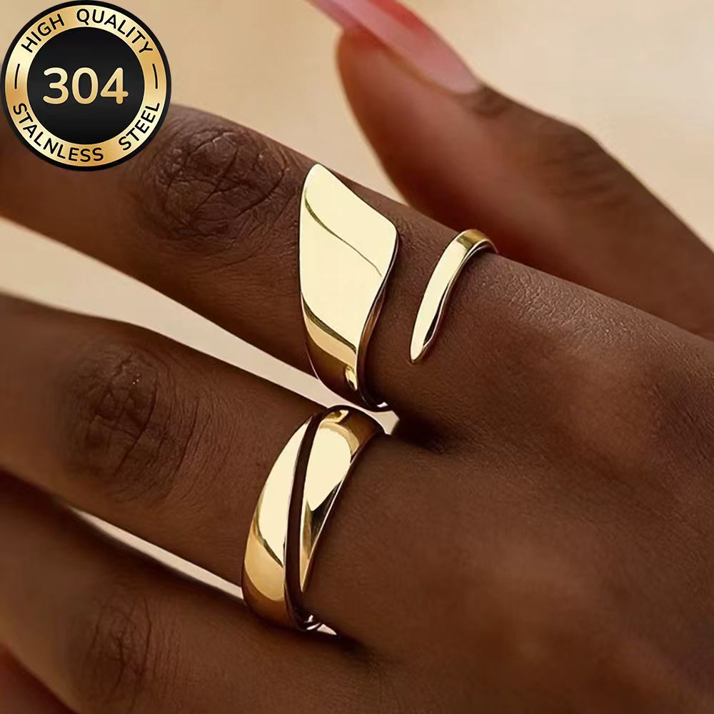 2pcs Golden Stackable Open Rings Set, Hypoallergenic Stainless Steel