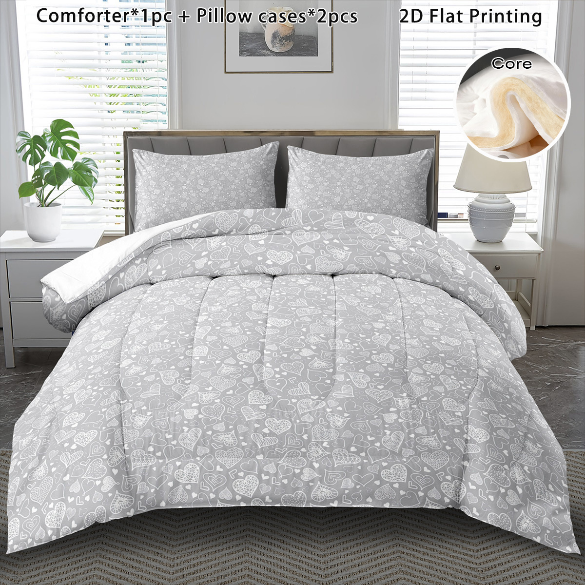TEMU 3pcs Winter Comforter Set In Grey Featuring Heart Designs, A Cozy Boho Style. Bedding Makes A Great Halloween Gift And Adds A Cute Touch To