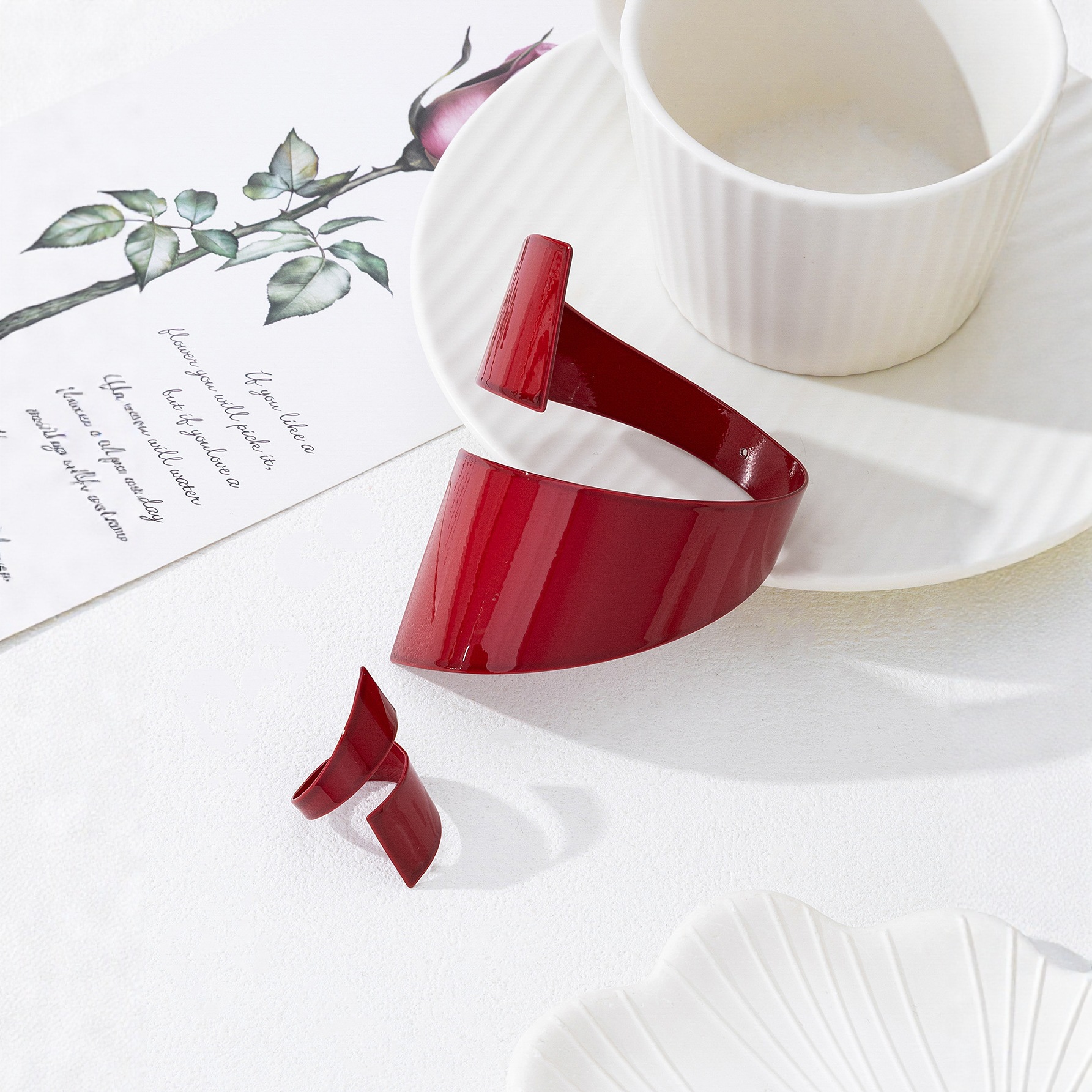 TEMU A Stylish And Elegant Geometric Spray-painted Red Open Bangle Ring Jewelry Set For Women, Perfect As A Vintage Fashion Gift
