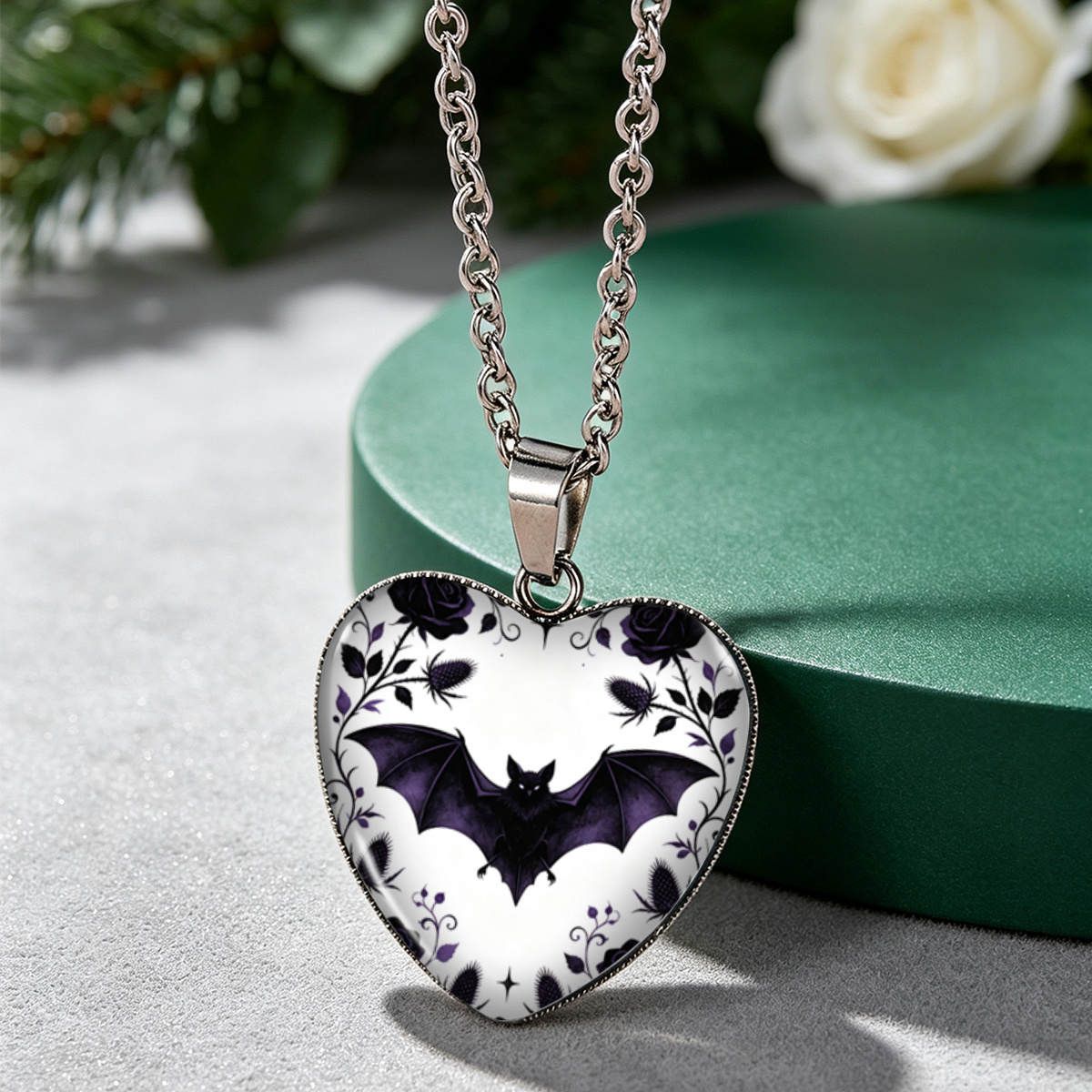 TEMU 1pc Purple Bat Black Rose Thorns Floral Heart-shaped Glass Pendant Necklace Dark Halloween Unisex Necklace