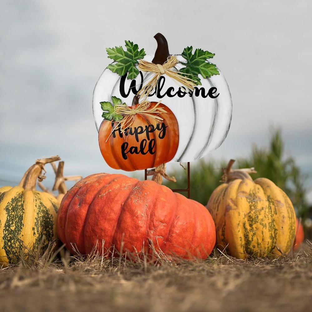 TEMU 【2d Flat】 [2d Flat] [2d Flat] Stacked Pumpkin Welcome Yard Sign With Garden Stake, Weather-resistant Decorative Fall Ornament For Lawn & Garden