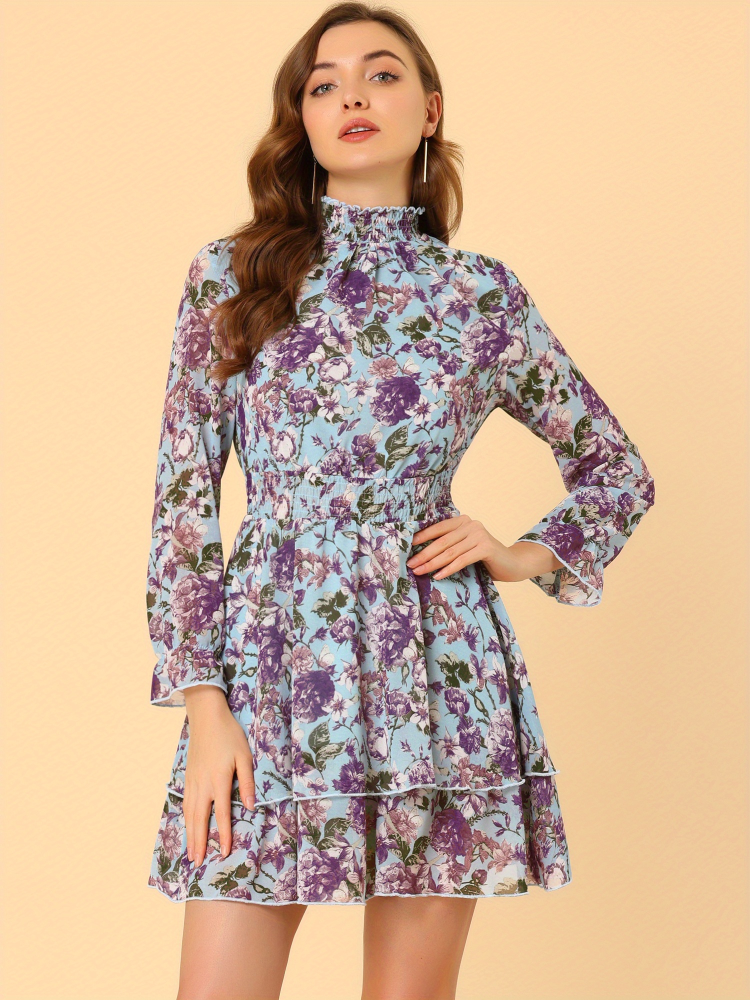 womens elegant floral chiffon dress long sleeve mock neck - Temu
