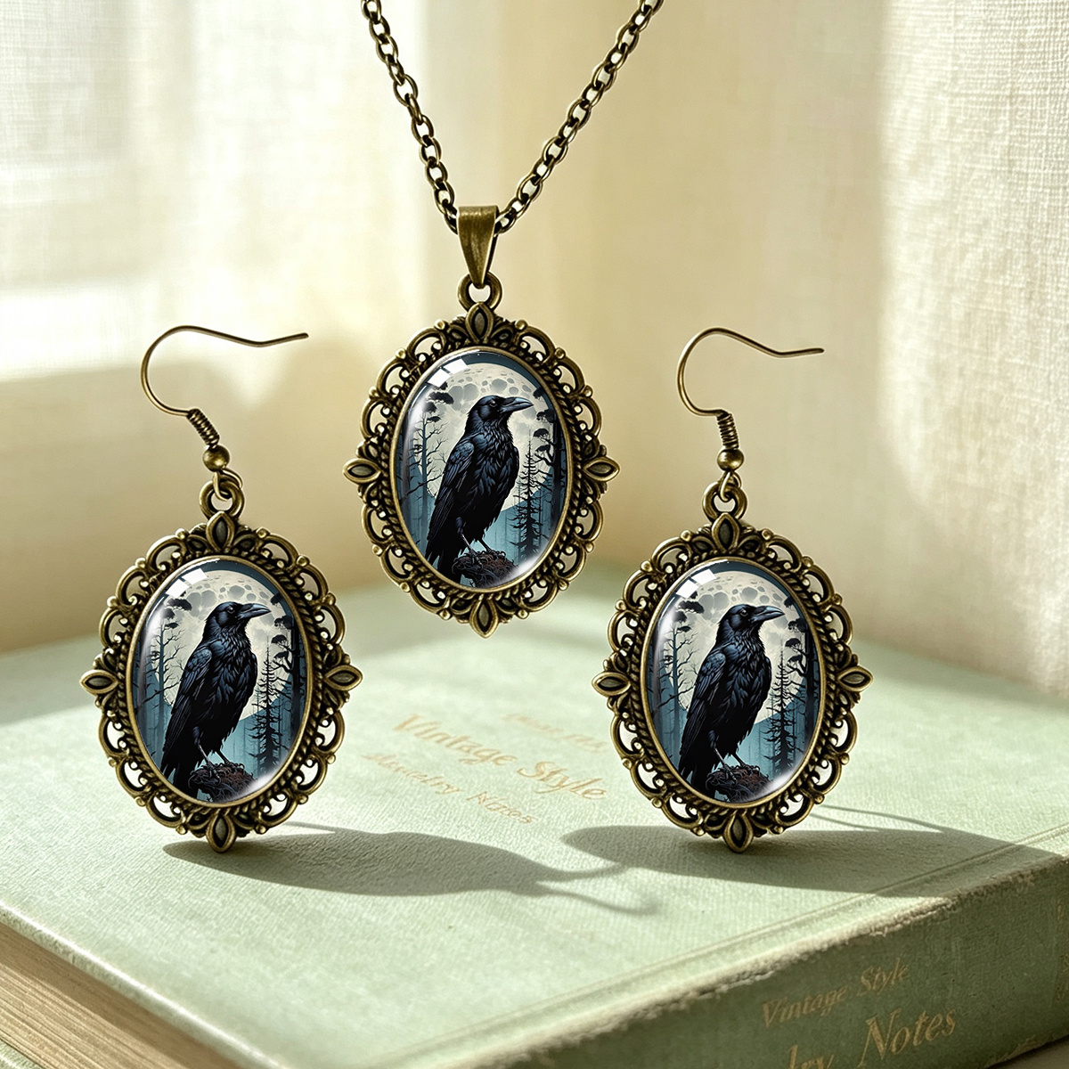 TEMU 3pcs Forest Crow Illustration Necklace Earrings Jewelry Set
