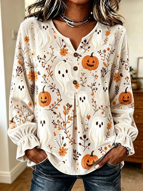 item picture ladies autumn thin vintage halloween ghost and pumpkin pattern printed v neck 3 button long velvet top