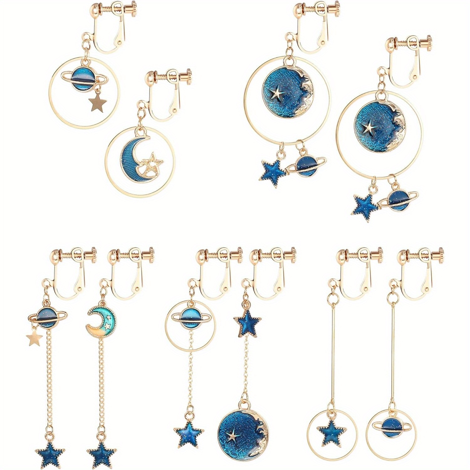 Image of 5pairs Clip On Earrings Dangle Set For Women Cute Moon And Star Earrings Non Pierced Ear Clip Saturn Earrings